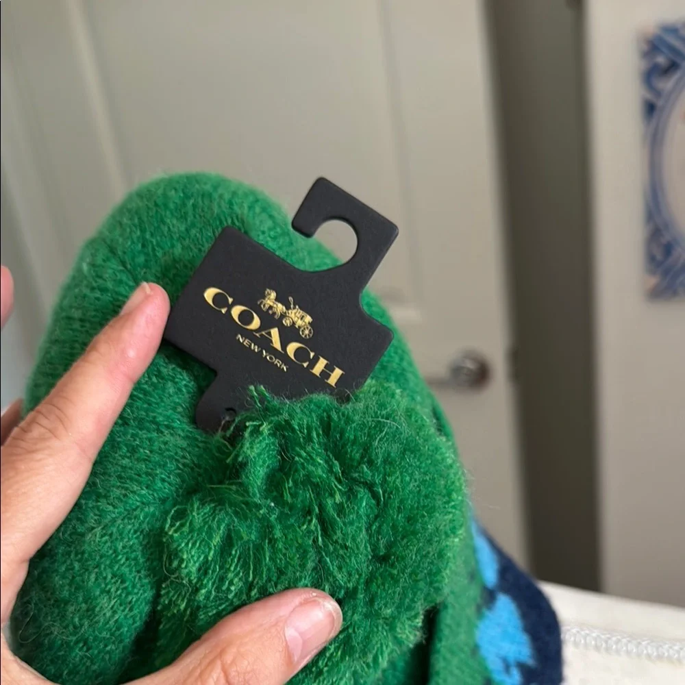 Coach Green and Blue Knit Pom-Pom Hat - Picture 3 of 3